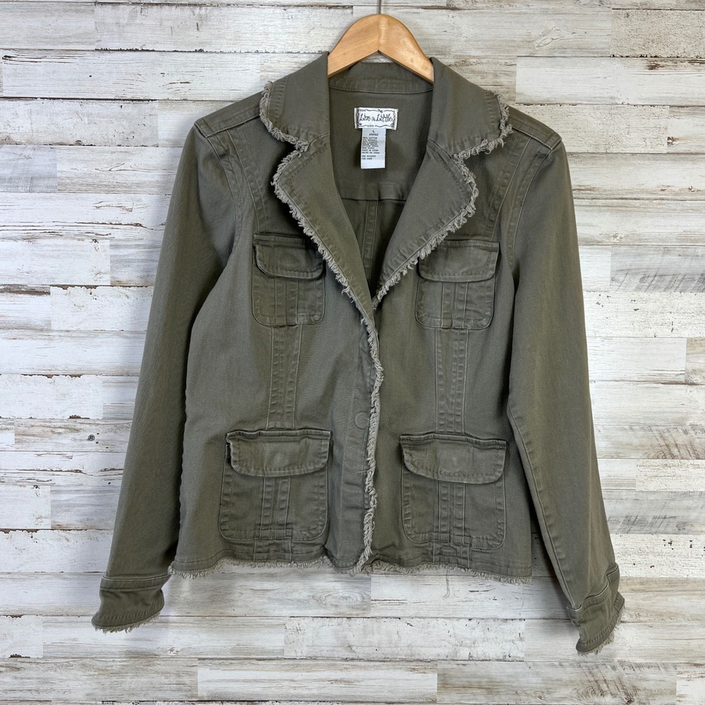 Live a Little Jacket Women L Olive Green Frayed Raw Hem Utility Blazer Y2K